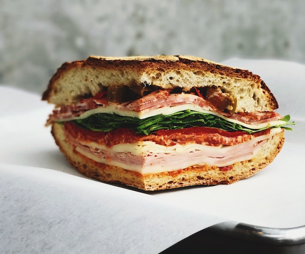 A cross-section of a sandwich.