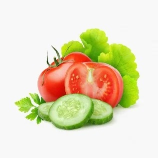 Mixed vegetables, such as sliced tomatoes and cucumbers.